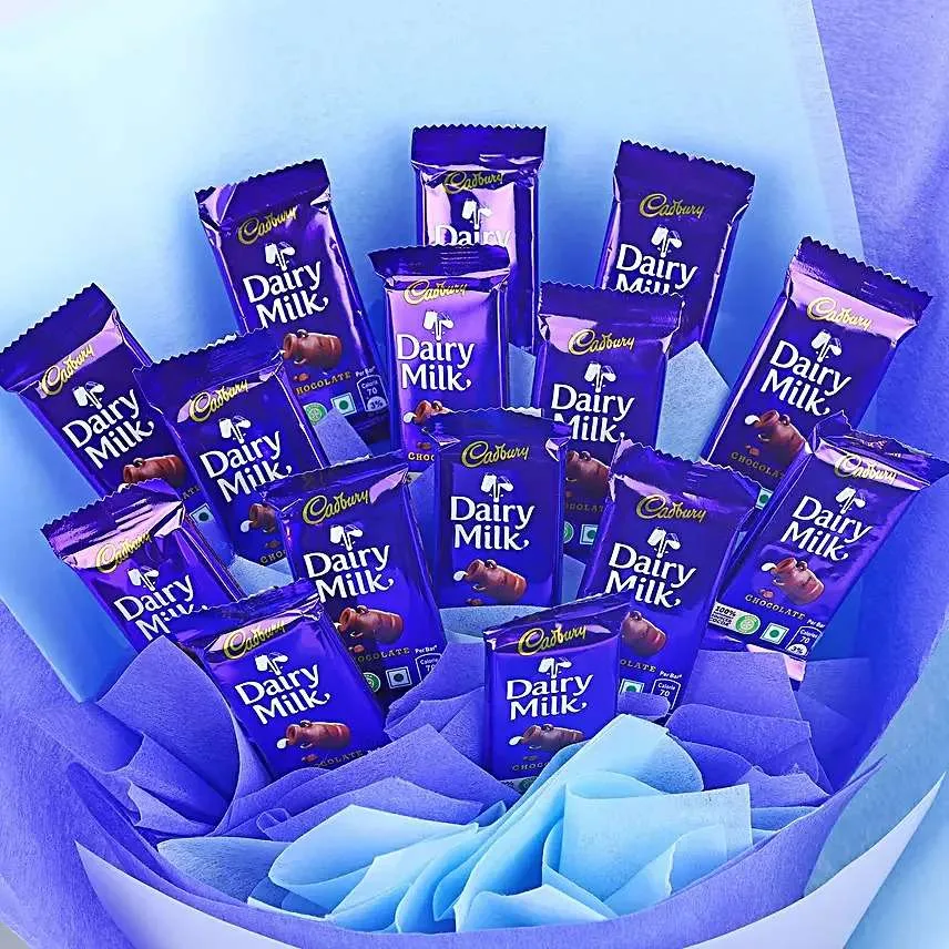 Birthday Dairy Milk Chocolate Bouquet with Custom Message & Elegant Blue Wrap – Sweet Celebration Surprise