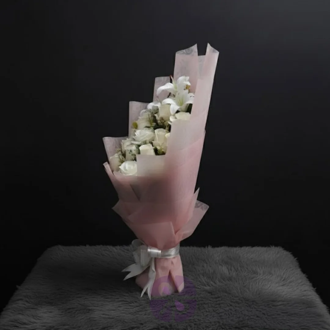Purity in Bloom Artificial Eternal White Rose & Lily Stand Bouquet
