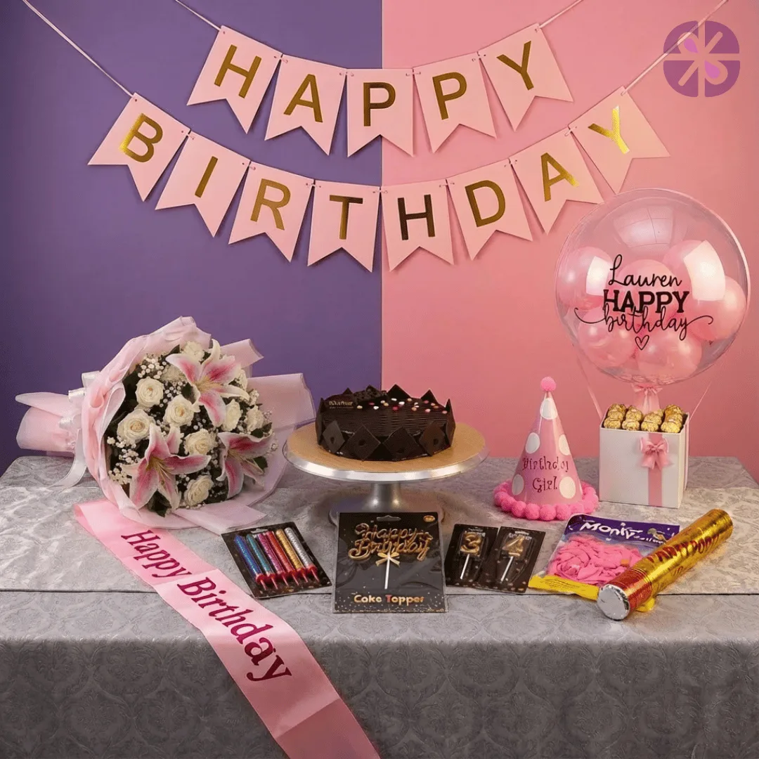 Deluxe Birthday Extravaganza Flowers, Balloon Bouquet, Cake & Full Party Kit