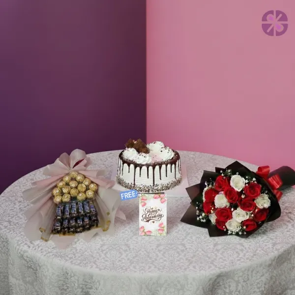 Classic Indulgence Fresh Rose Bouquet, Chocolate Bouquet & Cake Combo
