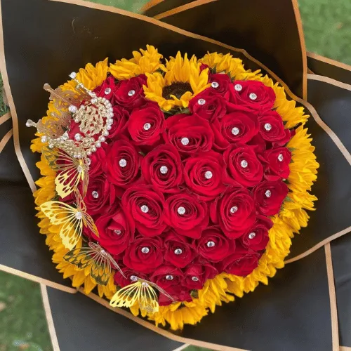 Heart-Shaped Red Rose & Yellow Sunflower-Style Bouquet with Crown & Butterflies