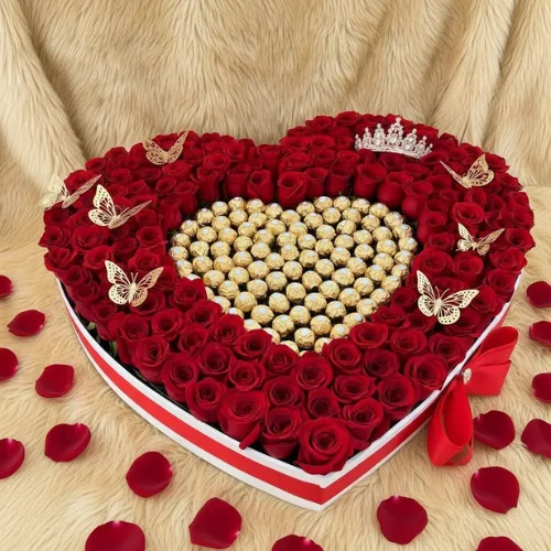 100 Red Roses & Ferrero Heart Masterpiece