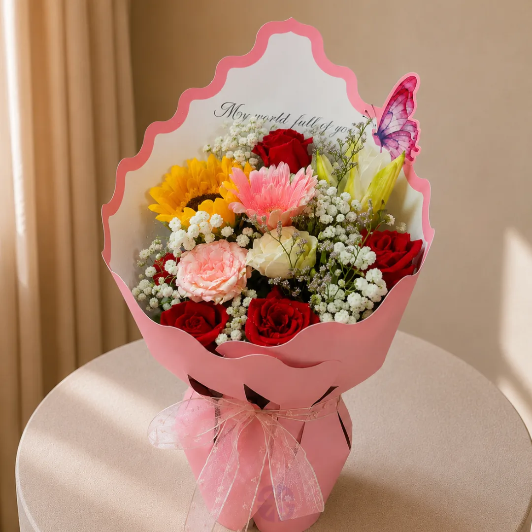 Premium Mixed Fresh Flower Butterfly Bouquet in Pink Crown Wrap