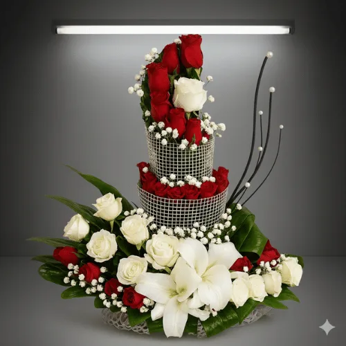 Elegant Red & White Flower Basket Arrangement – Luxury Gift Bouquet