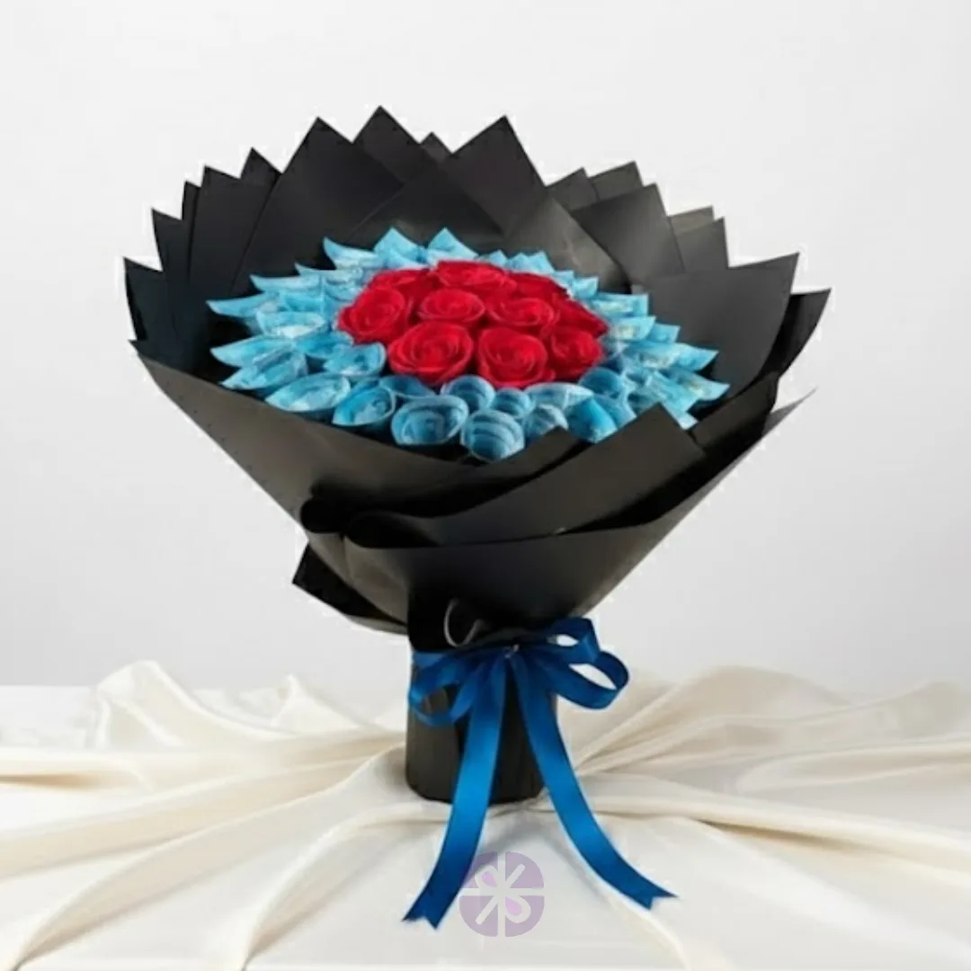 50-Note Money Bouquet 100 Taka & Red Rose in Black Wrap