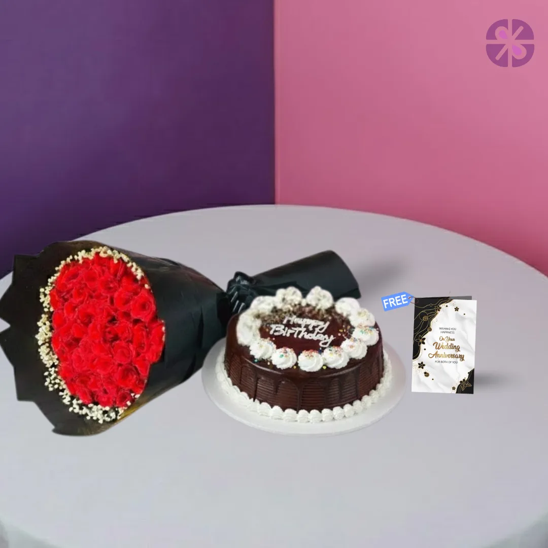 Classic Romance Fresh Red Rose Bouquet & Premium Cake Combo