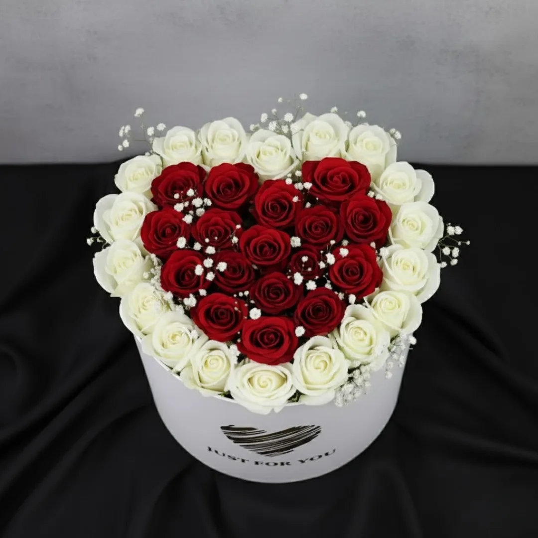Elegent Red & White Rose Heart Arrangement in "Just For You" Round Box