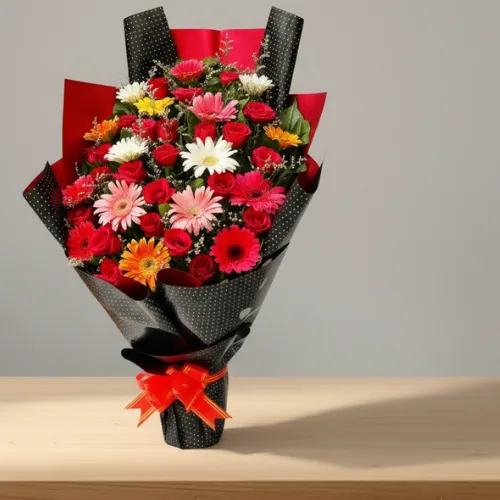 Multi-Color Gerbera and Red Rose Celebration Bouquet