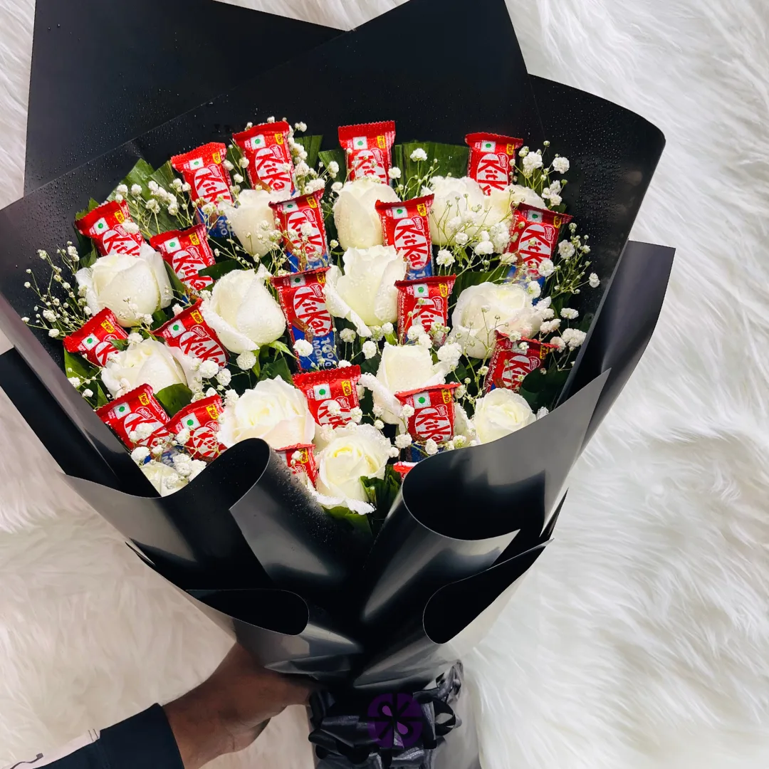 20 KitKat and White Rose Hand Bouquet in Black Wrap