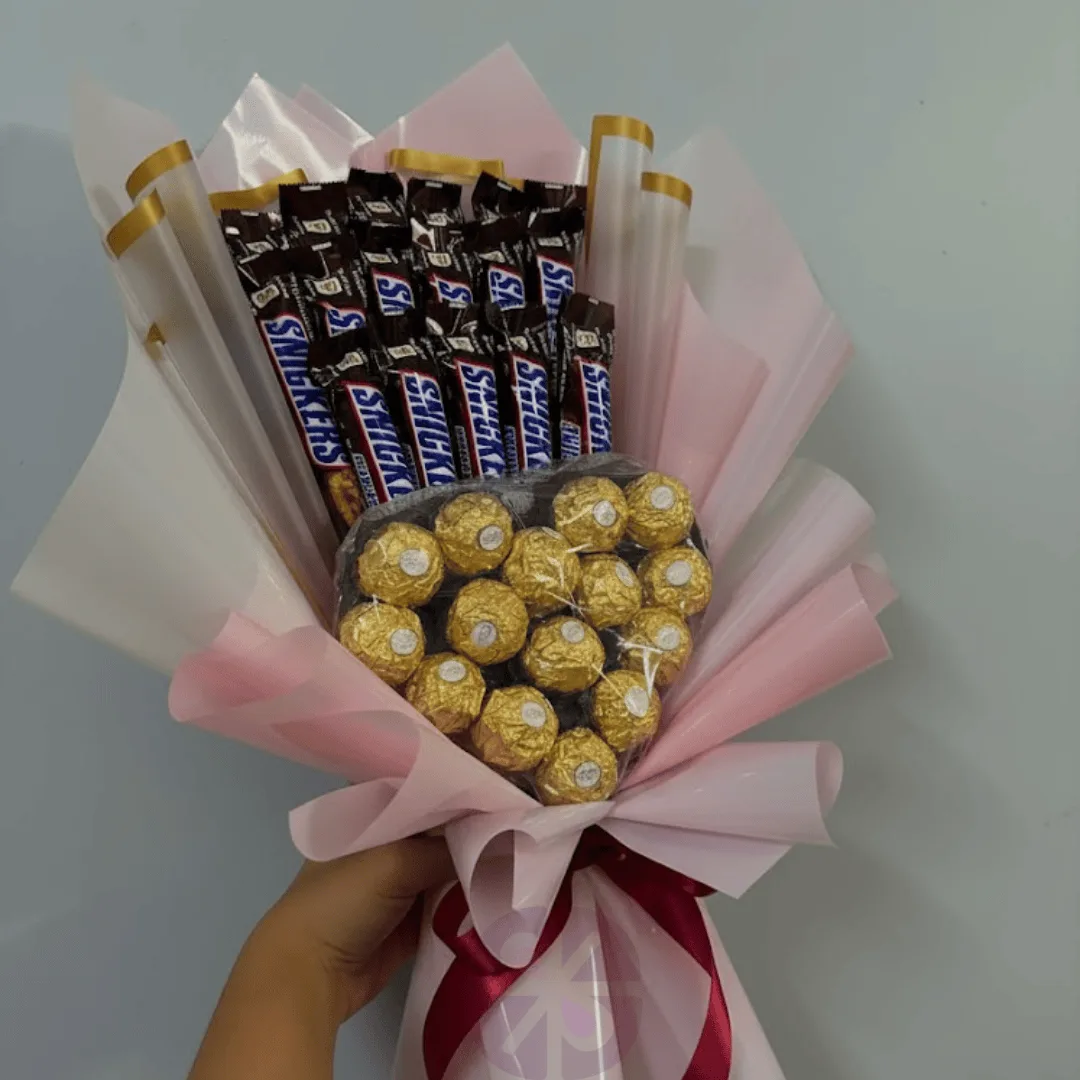 The Ultimate Indulgence Snickers & Ferrero Rocher Heart Bouquet