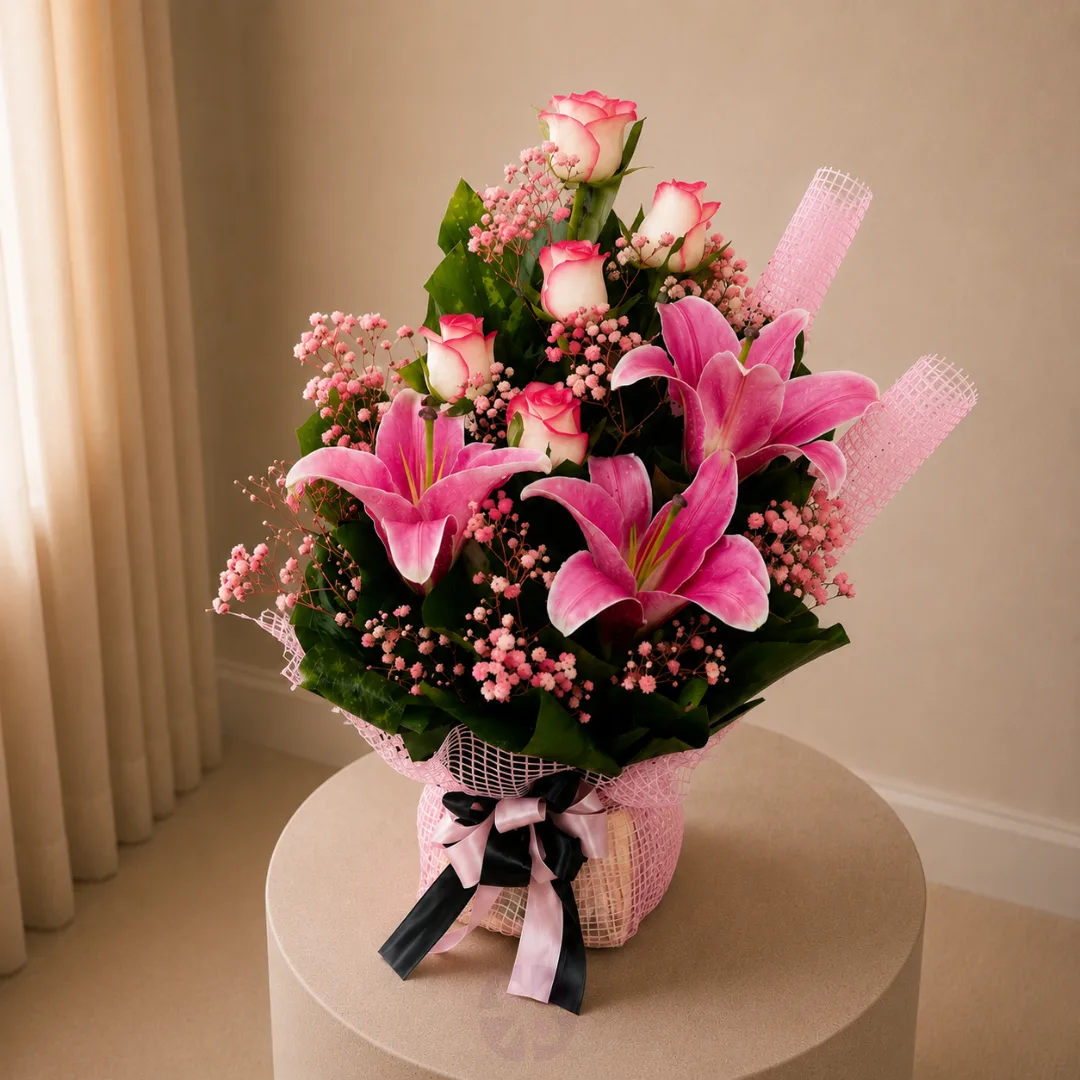 Pink Lily & Pink Shade Rose Bouquet: The Serenity Bloom