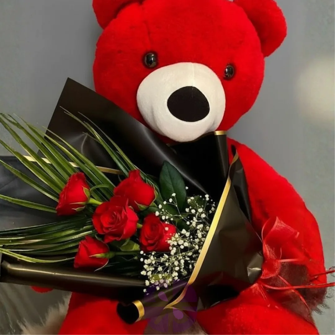 Giant Red Teddy Bear with Red Roses Hand Bouquet