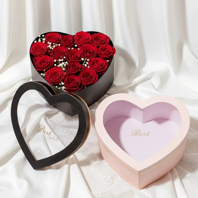 Premium Red Rose Heart Arrangement in Luxury Transparent Window Gift Box
