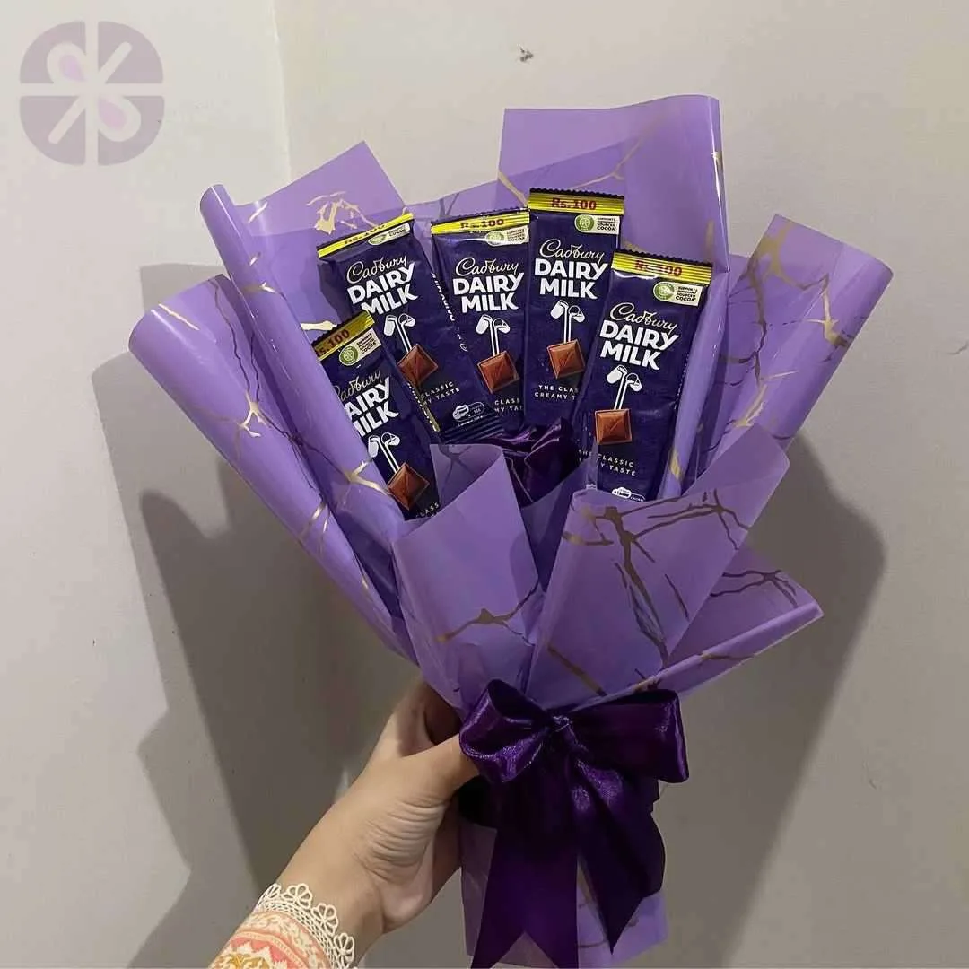The Royal Indulgence 5-Bar Dairy Milk Bouquet with Purple Rose Accent