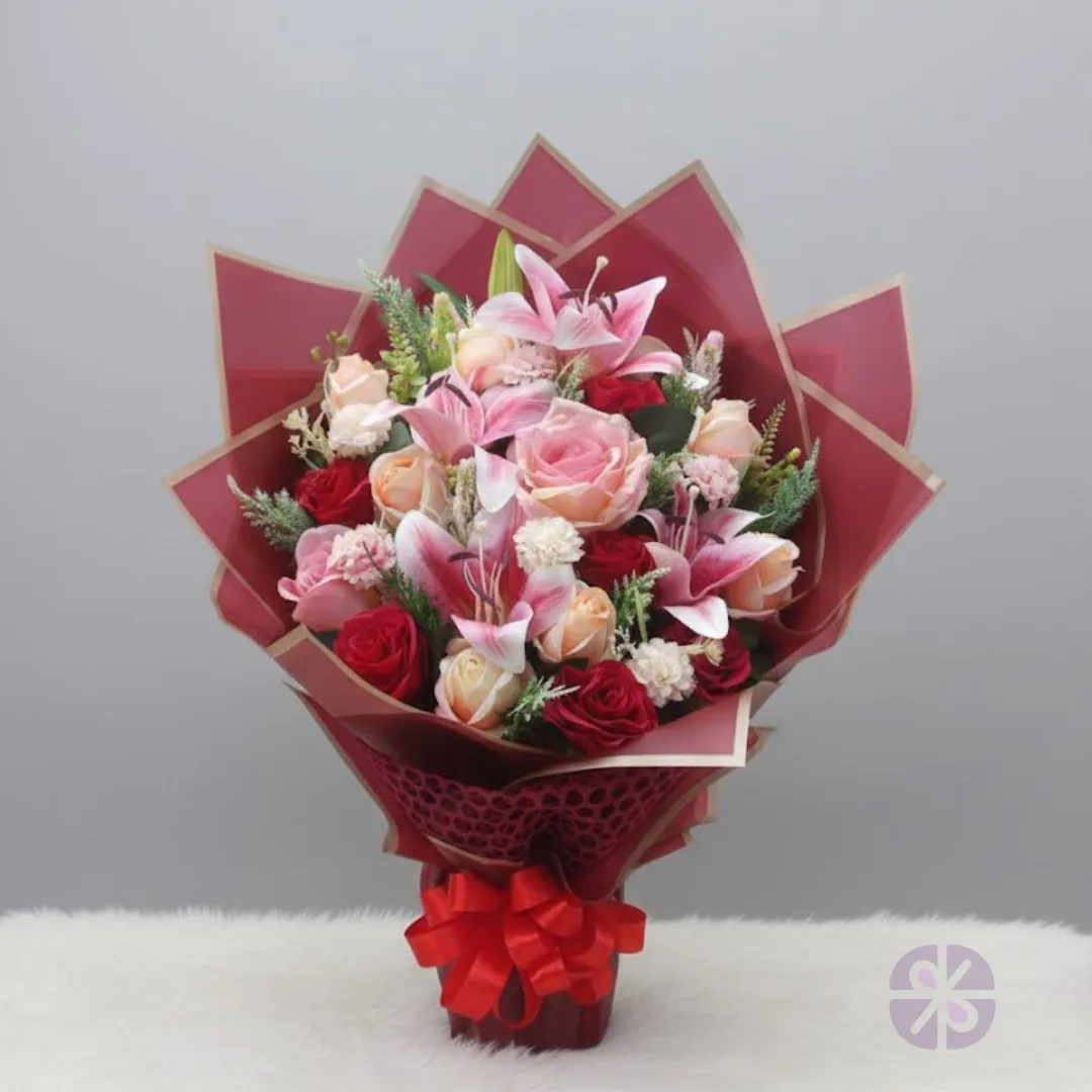 Regal Romance Artificial Pink & White Rose with Pink Lily Stand Bouquet