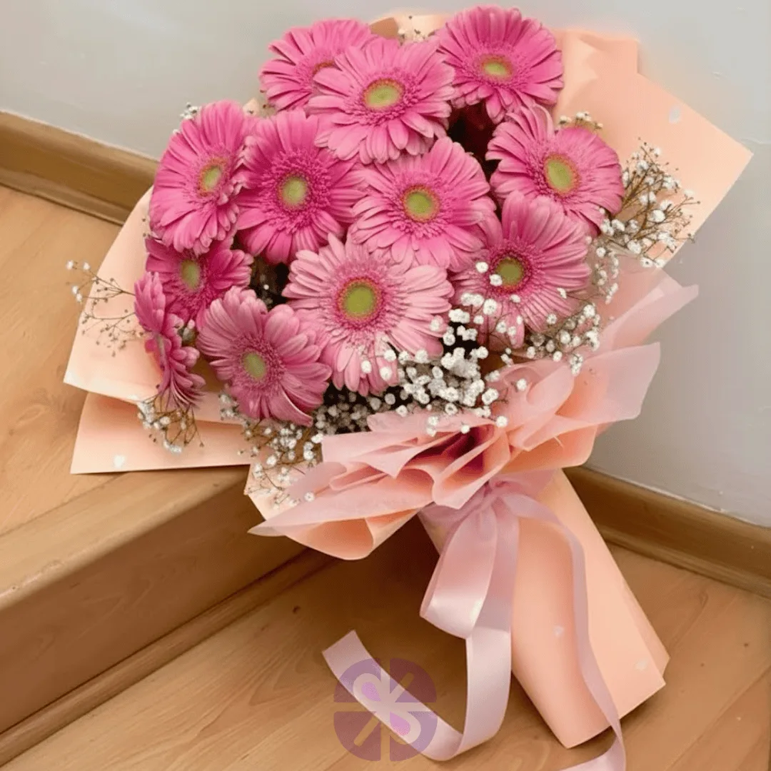 Elegent 12 Pink Gerbera and Baby's Breath Hand Bouquet