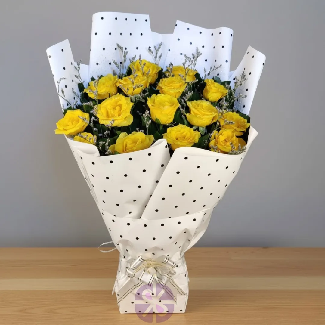 Sunny Yellow Roses Bouquet in Chic Print Dot Wrap