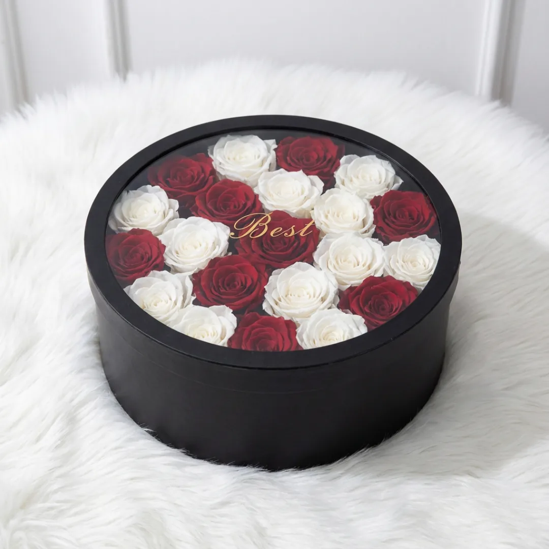 Premium Red and White Rose Arrangement in Black Round Box
