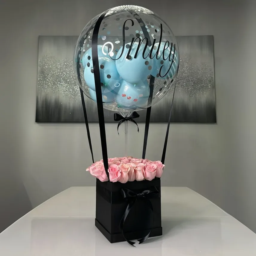 Custom Balloon Gift Box with Pink Roses & Blue Confetti Balloons