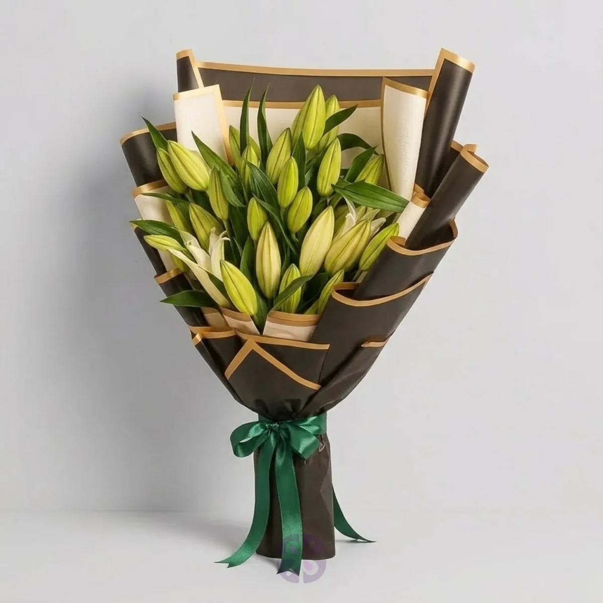 8 Sticks Fresh White Lily Bouquet in Gold-Trimmed Black Wrap
