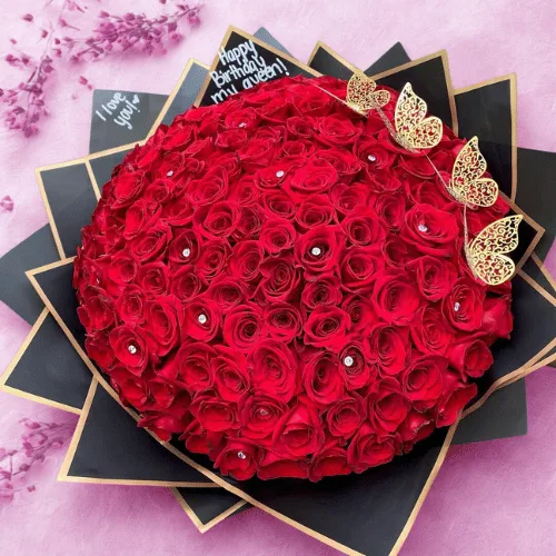 Luxury Red Rose Birthday Bouquet with Golden Butterflies
