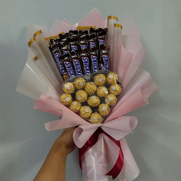 The Ultimate Indulgence Snickers & Ferrero Rocher Heart Bouquet