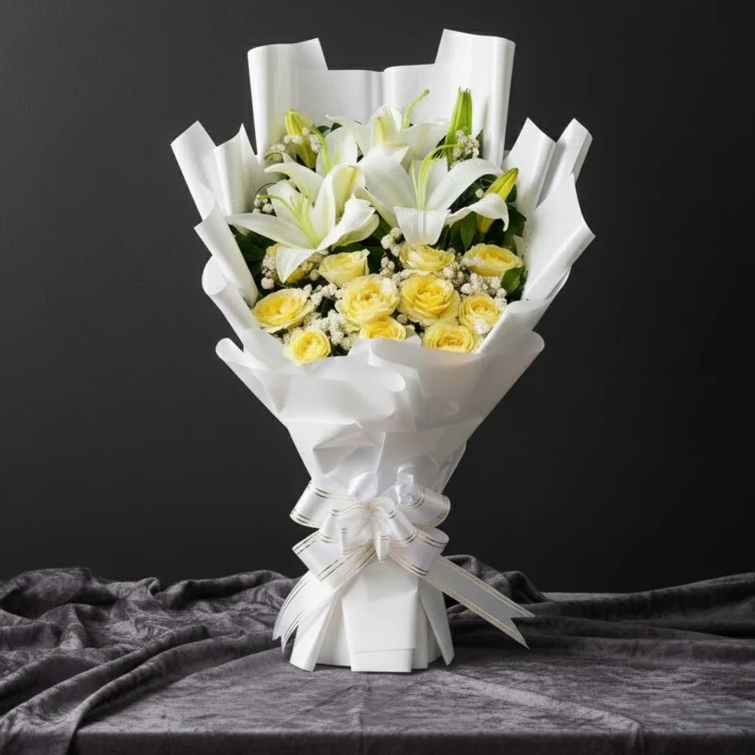 Elegant White Chinese Lily & Yellow Rose Stand Bouquet