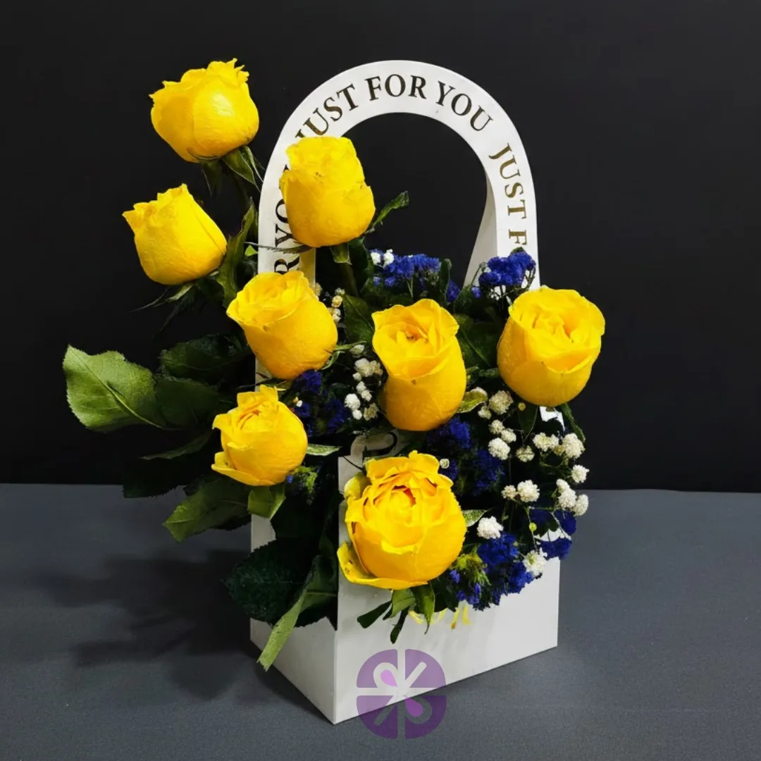 Sunshine Elegance Premium Yellow Rose & Blue Statice "Just For You" Gift Bag
