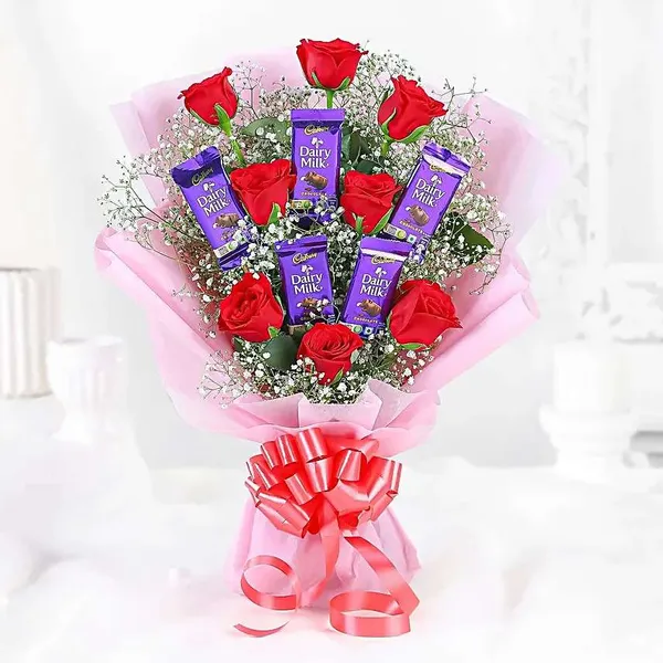 Red Rose & Dairy Milk Chocolate Bouquet with Pink Wrapping