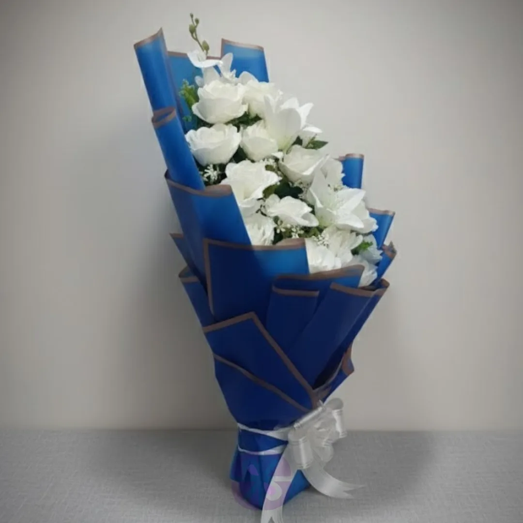 Artificial White Rose & Lily Bouquet in Royal Blue Wrap