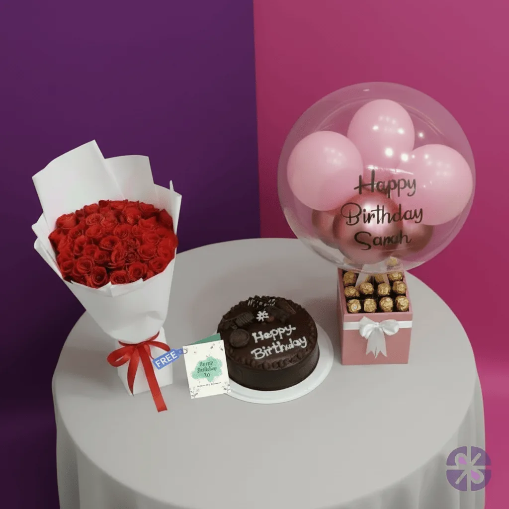 Grand Birthday Trio- Fresh Rose Bouquet, Cake & Balloon Box Combo Set