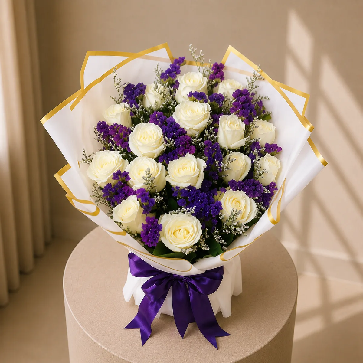 Royal Contrast White Rose & Purple Statice Bouquet