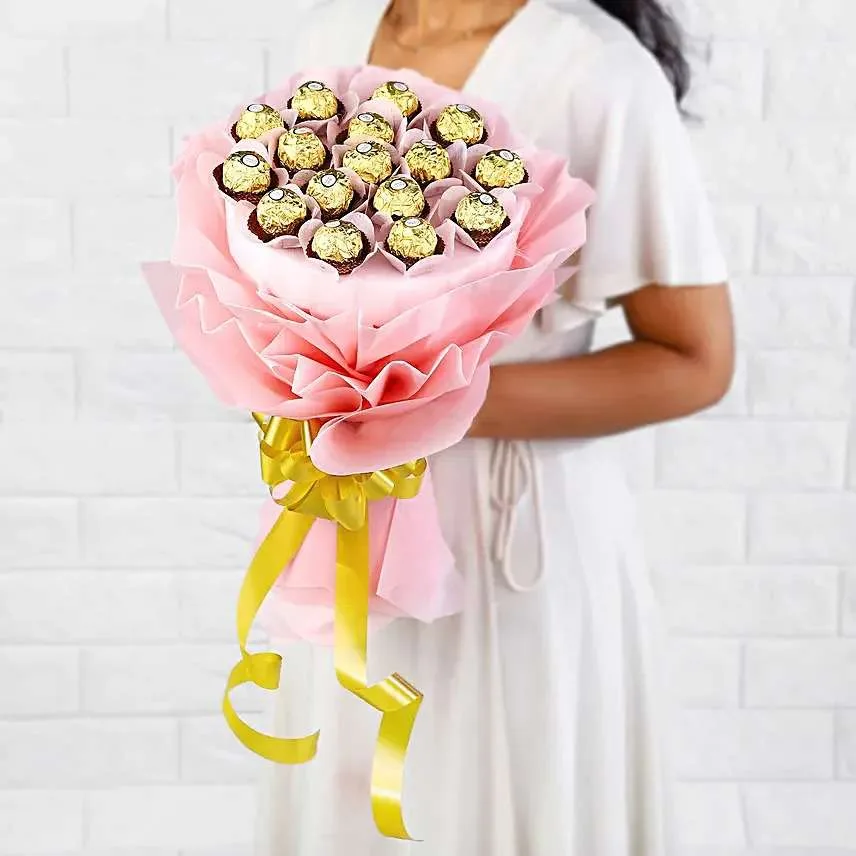 Blush Pink Ferrero Rocher Bouquet with Golden Bow – Luxury Chocolate Gift for Special Moments