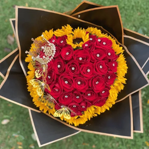 Heart-Shaped Red Rose & Yellow Sunflower-Style Bouquet with Crown & Butterflies
