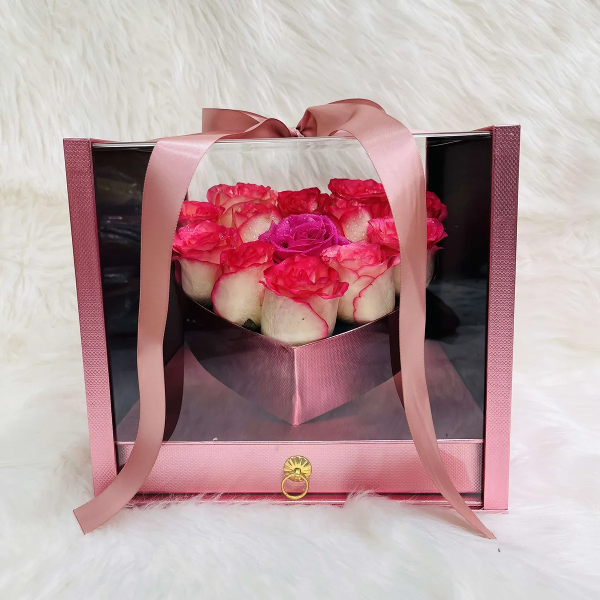 Pink Rose Heart in Luxury Acrylic Window Box with Hidden Ferrero Drawer